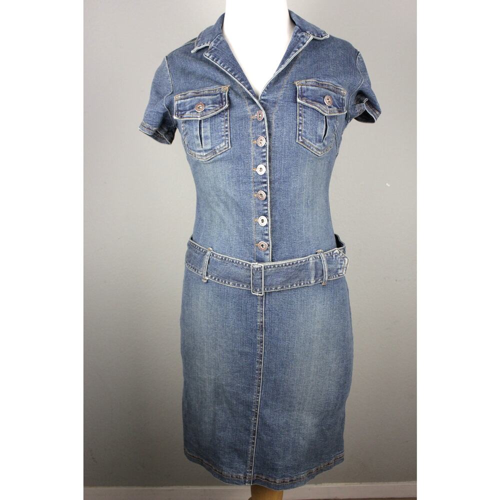 VTG 90s Hot Kiss Denim Dress Womens M Fitted Stretch Button Front Bodycon Retro